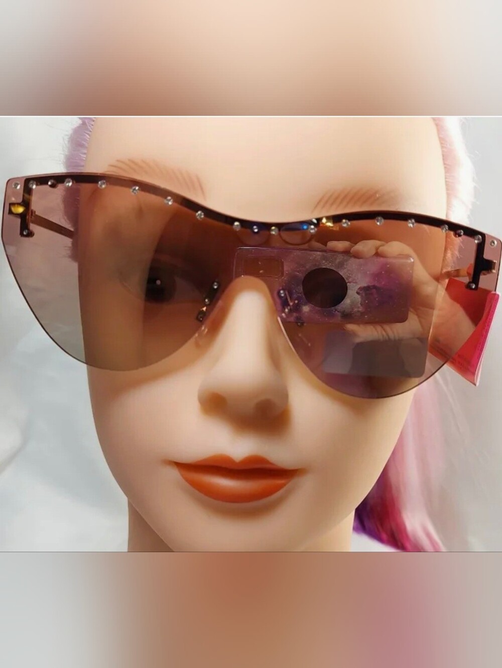 Betsey Johnson Pink Rhinestone Shield Sunglasses with Clear Frame Accents